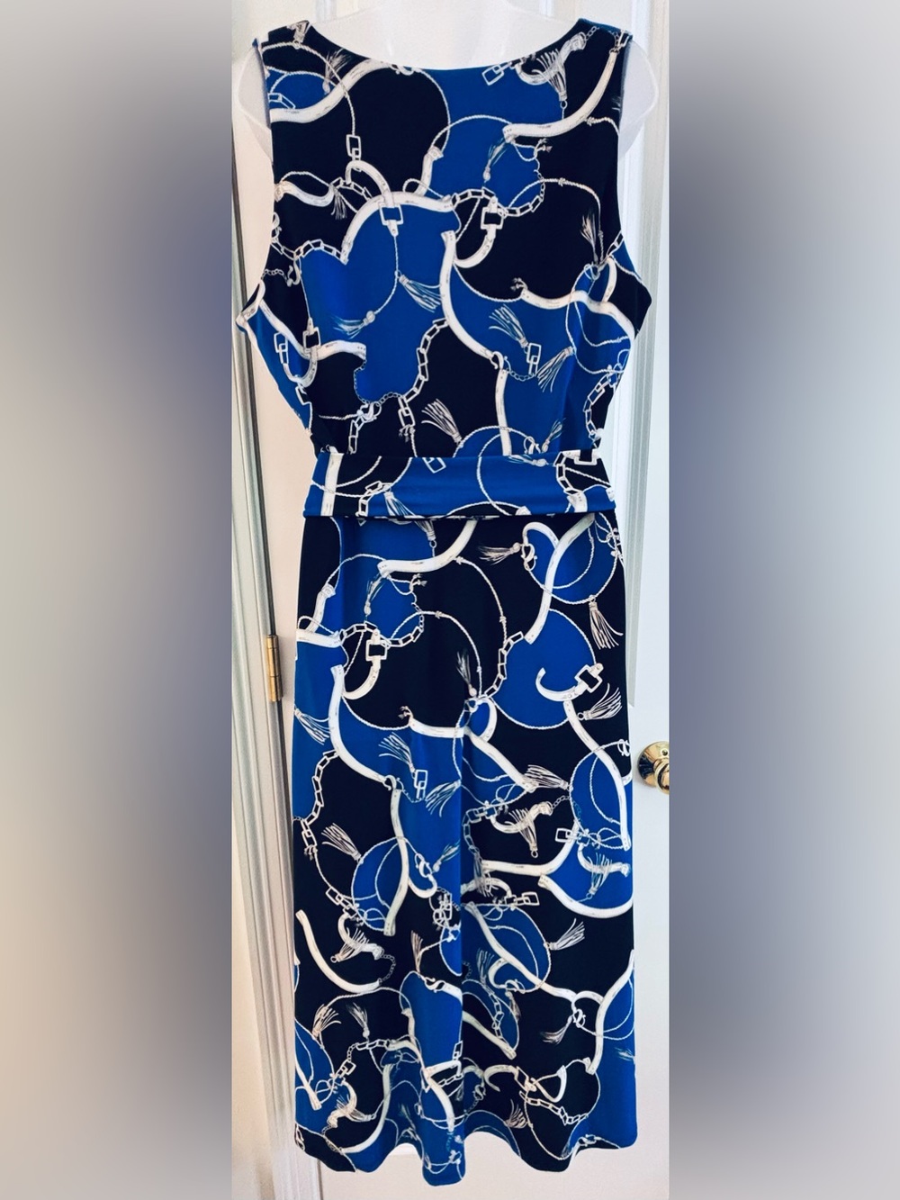 Lauren Ralph Lauren Dress Black Blue White Chain-Print Wrap Midi tie belt sz 16 - Picture 4 of 9